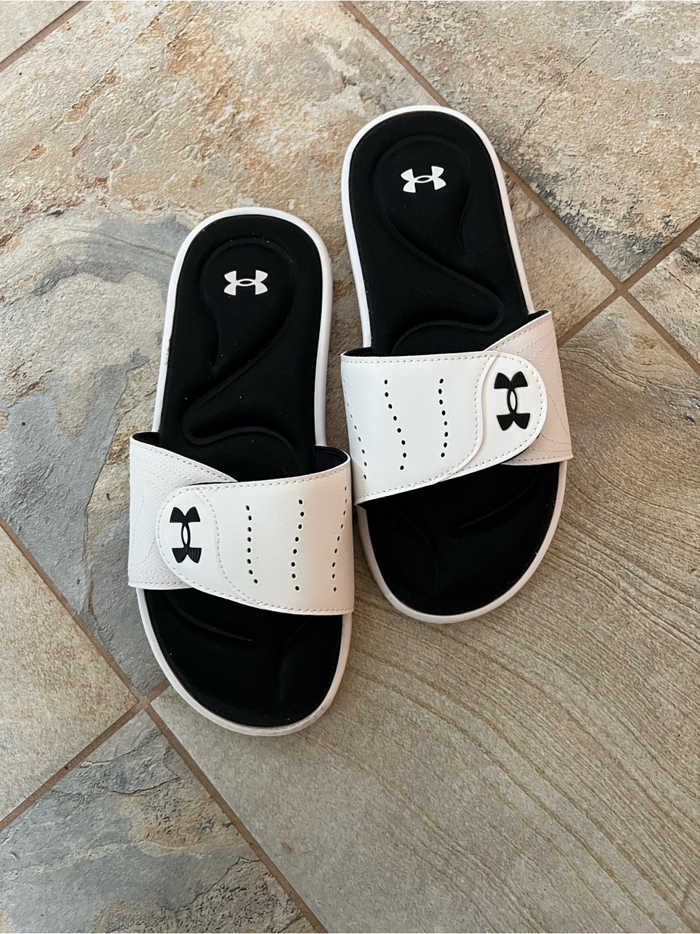 Under Armour White and Black Slide Sandals with Logo Strap